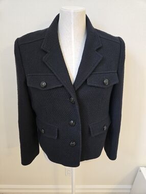 ME+EM Navy Blue Textured Cropped Jacket Blazer Medium US 10 Military Style